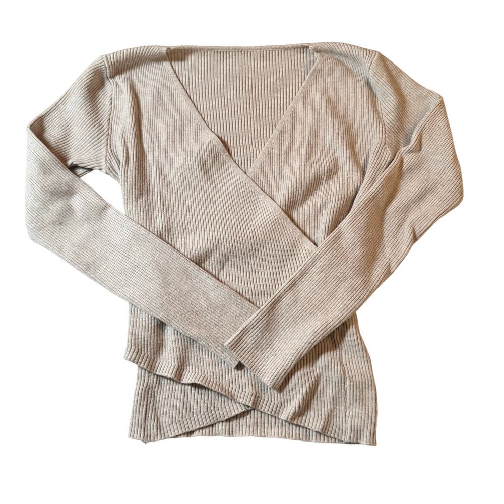Shein Ribbed Wrap Sweater Womens L Beige V Neck Knit Top